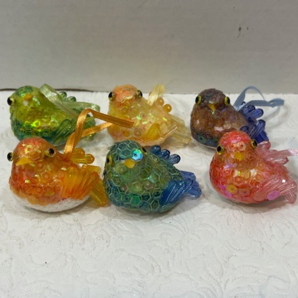 VTG Pier 1 Pastel Bird Ornament Set of 6 Sequin Sparkle Easter Christmas w/box
